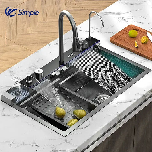 Elegant Waterfall Kitchen Sink Faucet with Digital Temperature Display & LED Lighting